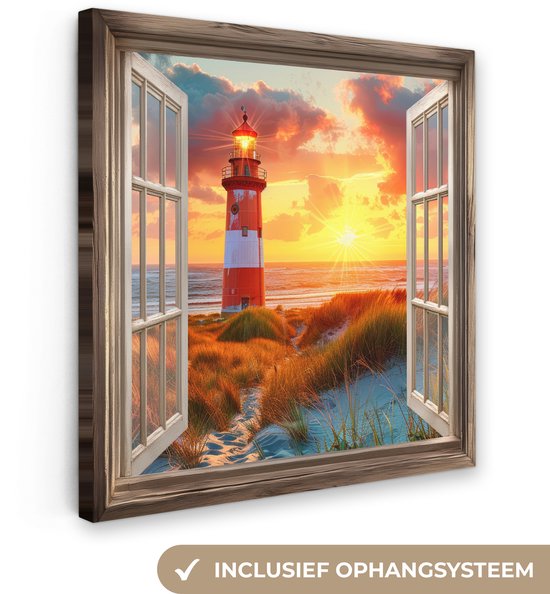 Canvas schilderij 20x20 cm - Exclusieve wanddecoratie Doorkijk - Raam - Vuurtoren - Zonsondergang - Strand - Muurdecoratie woonkamer - Slaapkamer decoratie - Kamer accessoires - Schilderijen op canvas