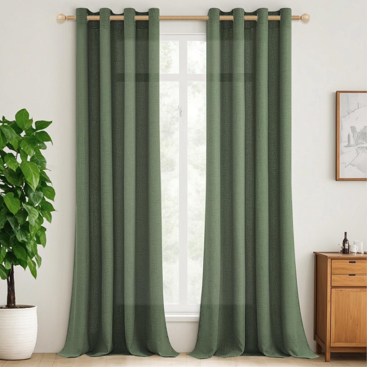 Unyqoos ® Stijlvolle Halftransparante Gordijnen met Linnenlook voor Woon- en Slaapkamer in Grijs-Roze, Set van 2, 140x260 cm groen