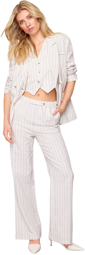 Trendyol Beige Gestreepte Elastische Taillezak Recht Gesneden Katoenen Linnen Geweven Broek Twoss24Pl00055