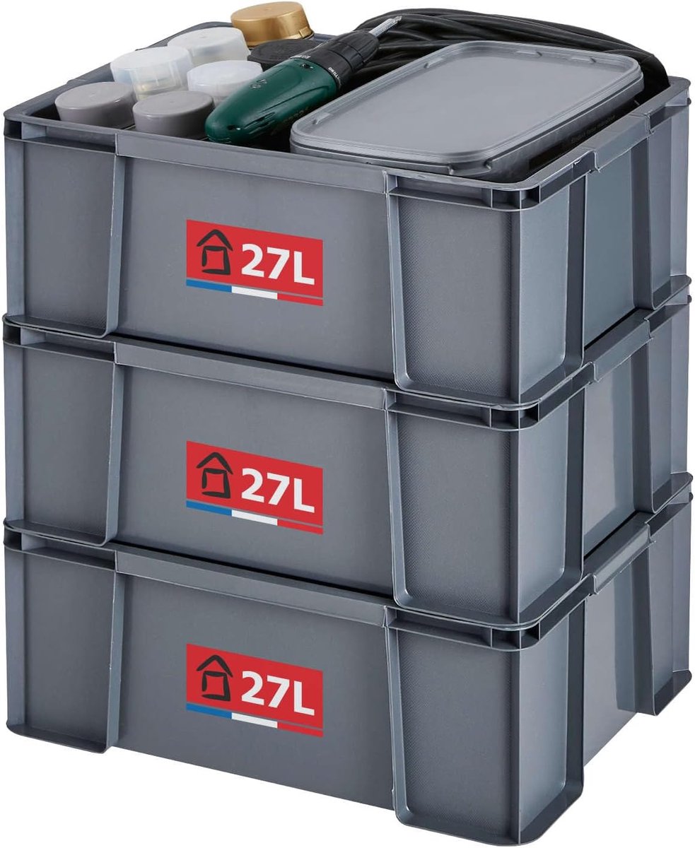 Opbergbakken set van 3 - 27 liter - Gerecycled kunststof - Stapelbaar en robuust - Ideaal voor werkplaats en doe-het-zelf