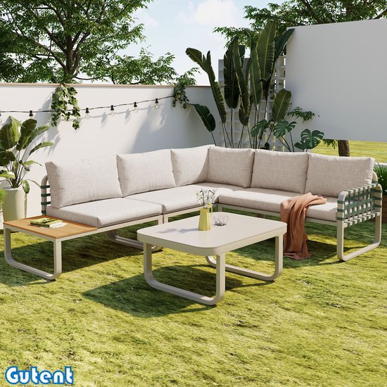 Gutent Tuin Loungeset (4-5 zits) - Groen Leren Rotan - Buitenbank - Inclusief alle Zitkussens en Kussens - Abrikoos