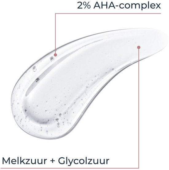Een druppel gel met bubbeltjes. De tekst zegt '2% AHA-complex' en 'Melkzuur + Glycolzuur'.