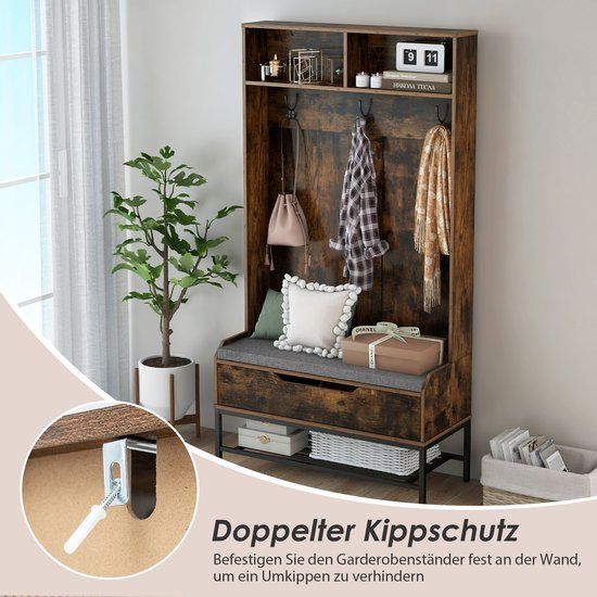 Kapstok met bankje industrieel design - garderobe met 9 garderobehaken en schoenenrek