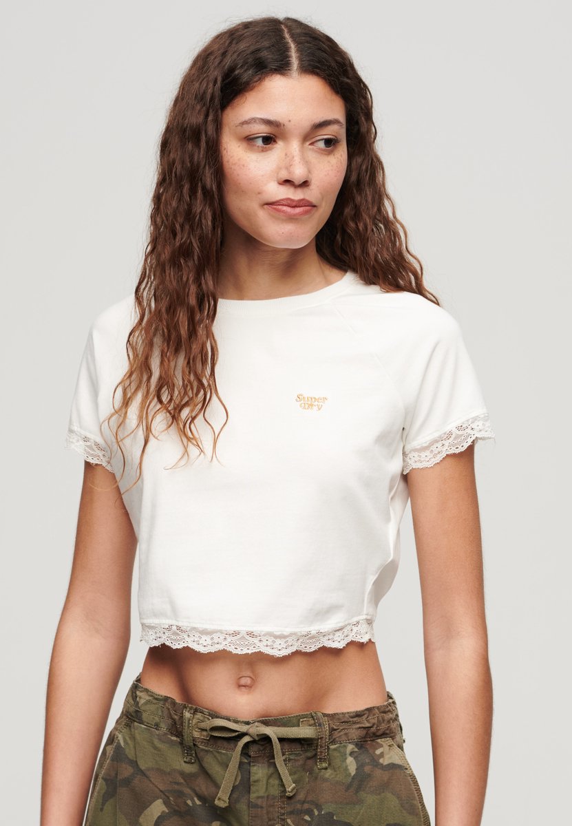 Superdry 90s Lace Trim Korte Mouw Top Veelkleurig L Vrouw Creme