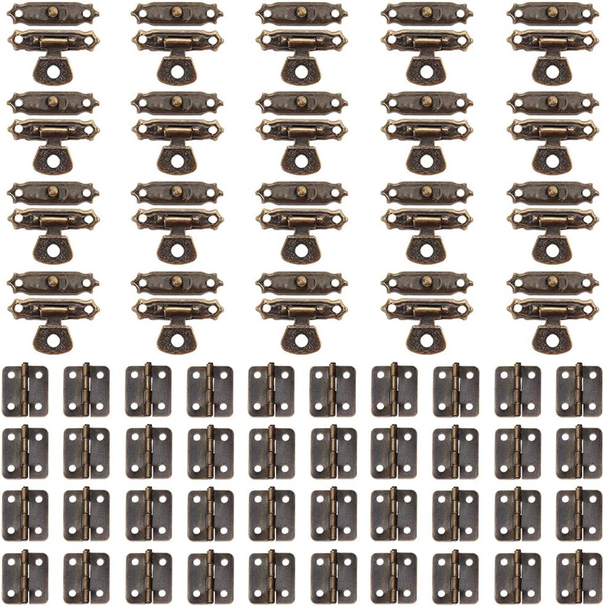 Famanu - 40 sets antieke mini scharnieren met 20 set retro haken vergrendeling en 240 stuks schroeven antieke gespen kit voor houten kast vintage sieraden opslag geschenkdoos gereedschapskist