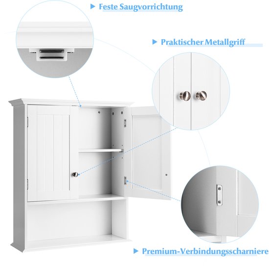 COSTWAY Meuble mural pour salle de bain, meuble de salle de bain en bois avec portes et étagères réglables, meuble mural, meuble de cuisine pour salle de bain, cuisine, chambre, 60 x 19 x 71 cm (blanc)