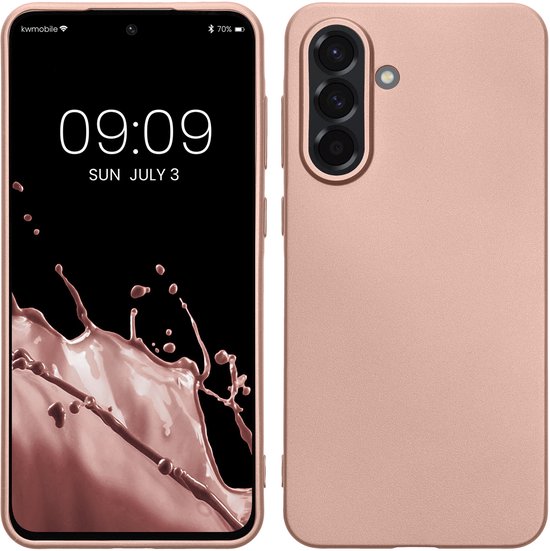 Coque de téléphone rose doré avec une finition métallique, à côté d'un téléphone de même finition.