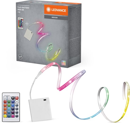 LEDVANCE FLEX LED-lichtstrip met werking op batterij, 5 W, RGB-kleurcontrole, 5 m lengte, dimbaar, flexibel en buigbaar, geschikt voor binnentoepassingen, LED niet vervangbaar