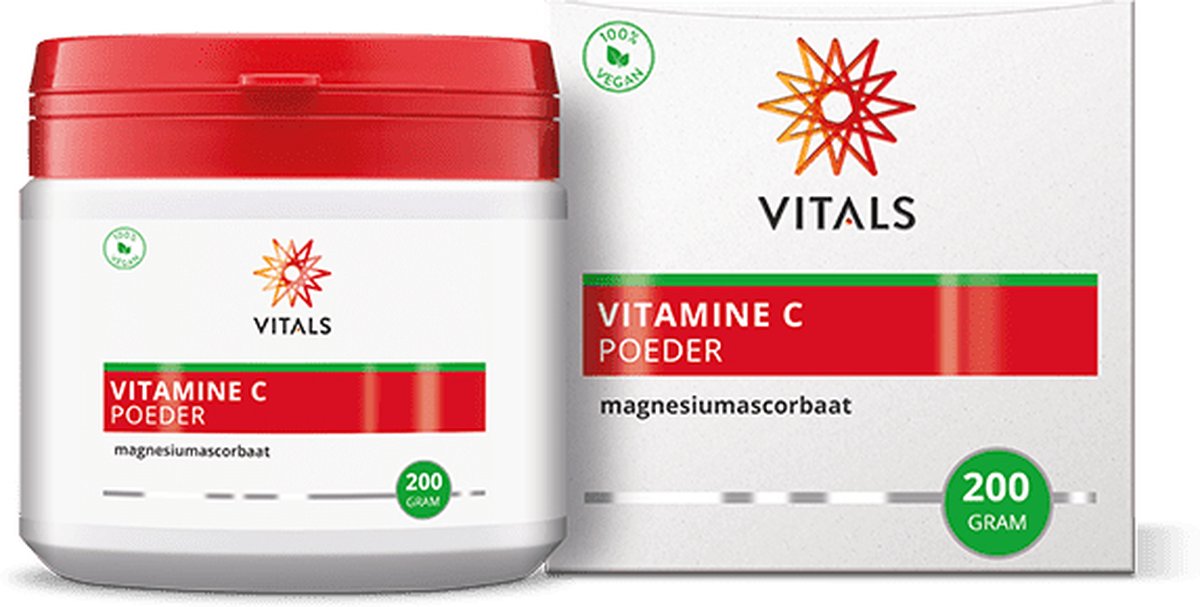 Goedkoopste Vitals Vitamine C poeder - 200 gram. Vitamine C in gebufferde vorm van magnesiumascorbaat, zonder hulpstoffen.