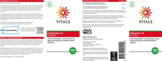 Vitals Creatine-CV poeder pot met rode dop, 300 gram, met ingrediënten en samenstelling.