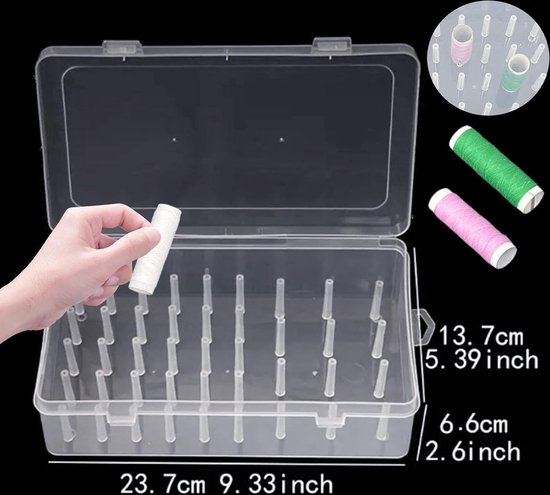 Opbergbox à coudre - Kit de couture - Plastique - Boîte à couture - Organiseur pour fournitures de couture - Panier à couture DIY - 42 Molinets - 23,7 x 13,7 x 6,6 cm - Transparent
