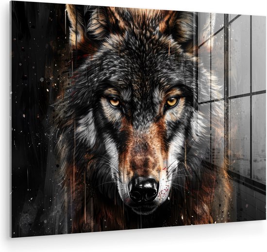 MuchoWow® Glasschilderij 80x60 cm - Schilderij acrylglas - Dieren - Wolf - Portret - Zwart - Bruin - Foto op glas - Muurdecoratie woonkamer - Wanddecoratie slaapkamer - Schilderijen