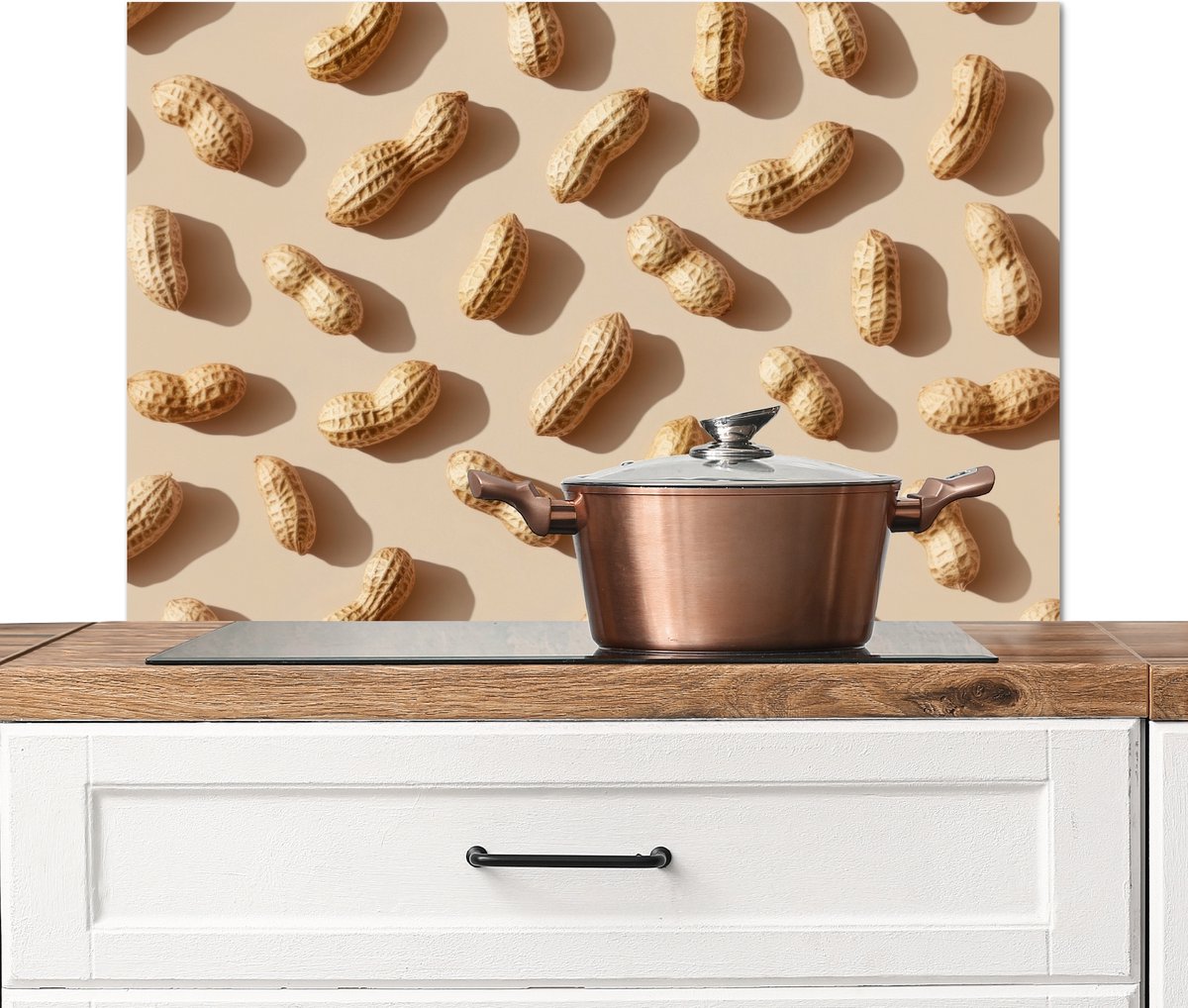 Spatscherm keuken 90x60 cm - Kookplaat achterwand Pinda's - Patroon - Beige - Muurbeschermer - Spatwand fornuis - Hoogwaardig aluminium