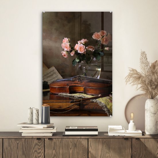 MuchoWow® Peinture sur verre 40x60 cm - Peinture sur verre acrylique - Violon - Roses - Rose - Fleurs - Nature morte - Photo sur verre - Décoration murale salon - Décoration murale chambre - Peintures