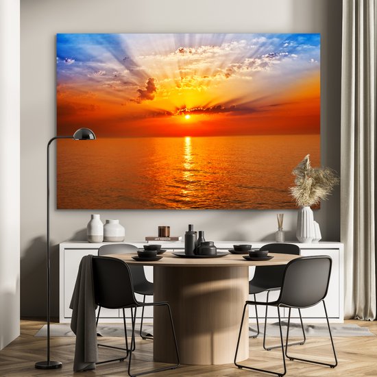 Aluminium schilderij 150x100 cm - Wanddecoratie metaal - Zonsondergang - Zee - Lucht - Oranje - Horizon - Water - Metalen muurdecoratie woonkamer - Decoratie industrieel - Foto op dibond - Industriële accessoires slaapkamer