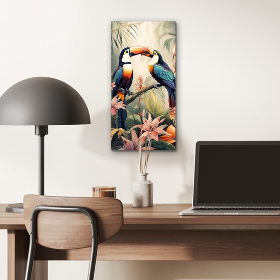 Décoration murale Métal - Peinture Aluminium Industriel - Toucan - Vogels - Fleurs - Nature - Jungle - 20x40 cm - Dibond - Photo sur aluminium - Décoration murale industrielle - Pour le salon/chambre