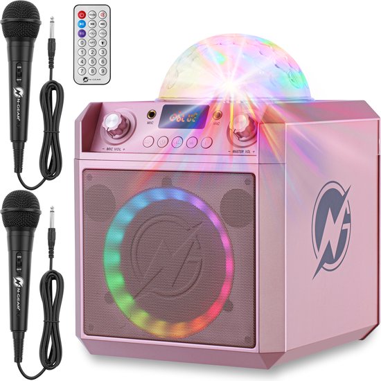 N-GEAR Block Party 602 XL - Karaoke set met 2 Microfoons - Bluetooth speaker draadloos - Partybox met Verlichting - Space Pink