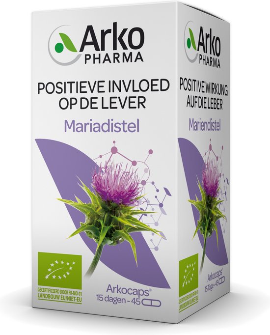 Doosje Mariadistel met een paarse distel en Europese bio-certificering. Positieve invloed op de lever.