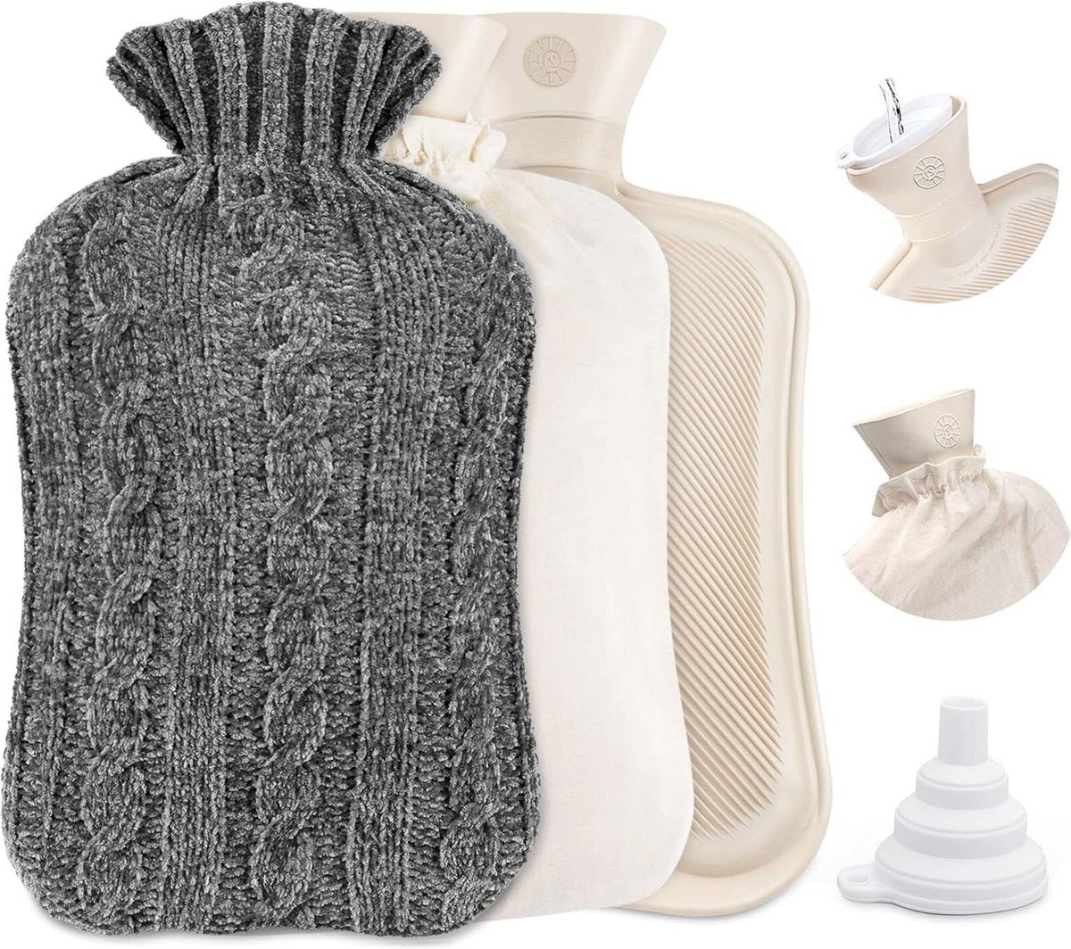 Goedkoopste Zachte Premium Pluizige Warmtefles - 2 Liter Groot - Natuurlijk Rubber - Bedfles met Watertrechter - Hot Waterfles voor Volwassenen en Kinderen - Winterverwarming - Grijs