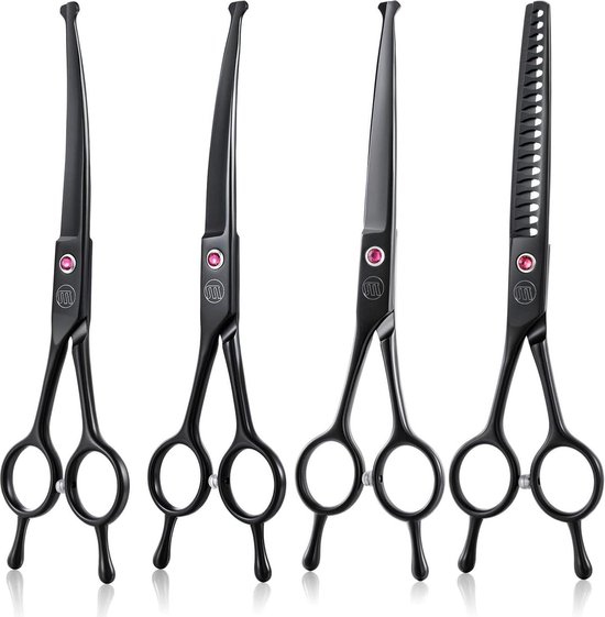 Foto: Hondenverzorgingsschaar set 7 inch omkeerbare trimverdunner brokken gebogen rechte kat huisdier verzorgen schaar met veiligheid afgeronde tip chunker set zwart afgeronde tip volledige lichaam verzorging