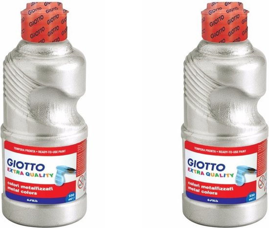 Twee flessen zilverkleurige Giotto plakkaatverf, 250 ml, met rode dop met logo.