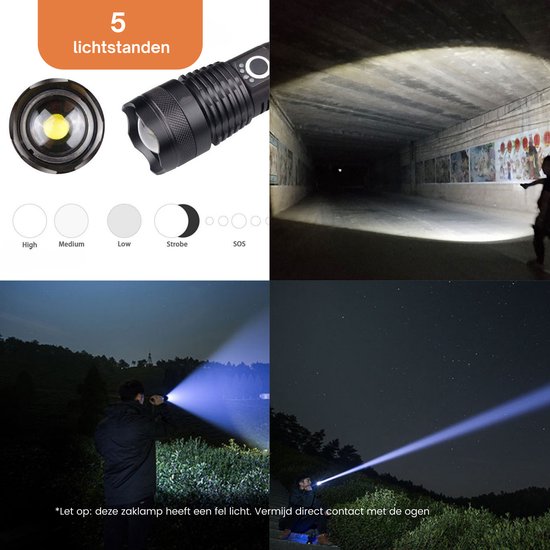 inverkey XHP160 Zaklamp, oplaadbaar, extreem helder, 120.000 lumen, USB