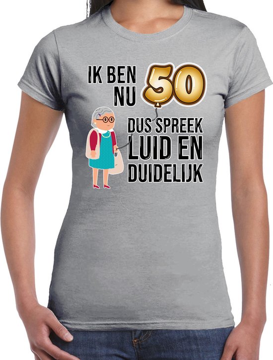 T-shirt cadeau Bellatio Decorations pour femme - 50 ans - gris - fort et clair - Sarah - fête d'anniversaire XS