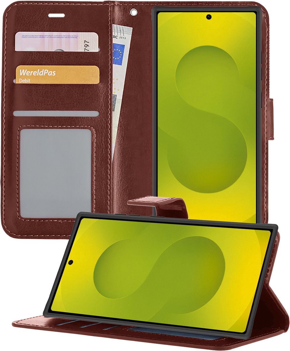 Hoesje - Met Pasjeshouder - Geschikt voor Samsung Galaxy S25 Ultra - Luxe Bookcase Portemonee - Flip Case - Kunstleer Book Case - Flipcase - Book Cover - Walletcase - Portemonneehoes - Telefoonhoesjes - Bruin
