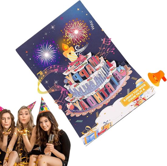 Mozmmhi Verjaardagskaarten Cadeau, 3D Pop Up Muziek Vuurwerk Gelukkige Met Blaasbare Verjaardagstaart Led Verlichting Wenskaarten Voor Vrouwen Mannen Moeder Kinderen 1566922892
