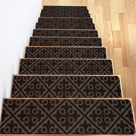 26x80CM Tapijt Traptreden - 15 Pack - Antislip Trapmatten - Verwijderbaar Traptapijt - Vuilafstotende Binnen Stapmatten - Waterabsorberende Snel Drogende Vloermatten - Veilig voor Kinderen, Ouderen en Huisdieren - zwarte symmetrie