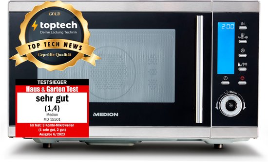 MEDION 4-in-1 Magnetron met Grill MD 15501 | 25 Liter | 900 Watt Magnetronvermogen | 2500 Watt Hetelucht | 10 Automatische programma's