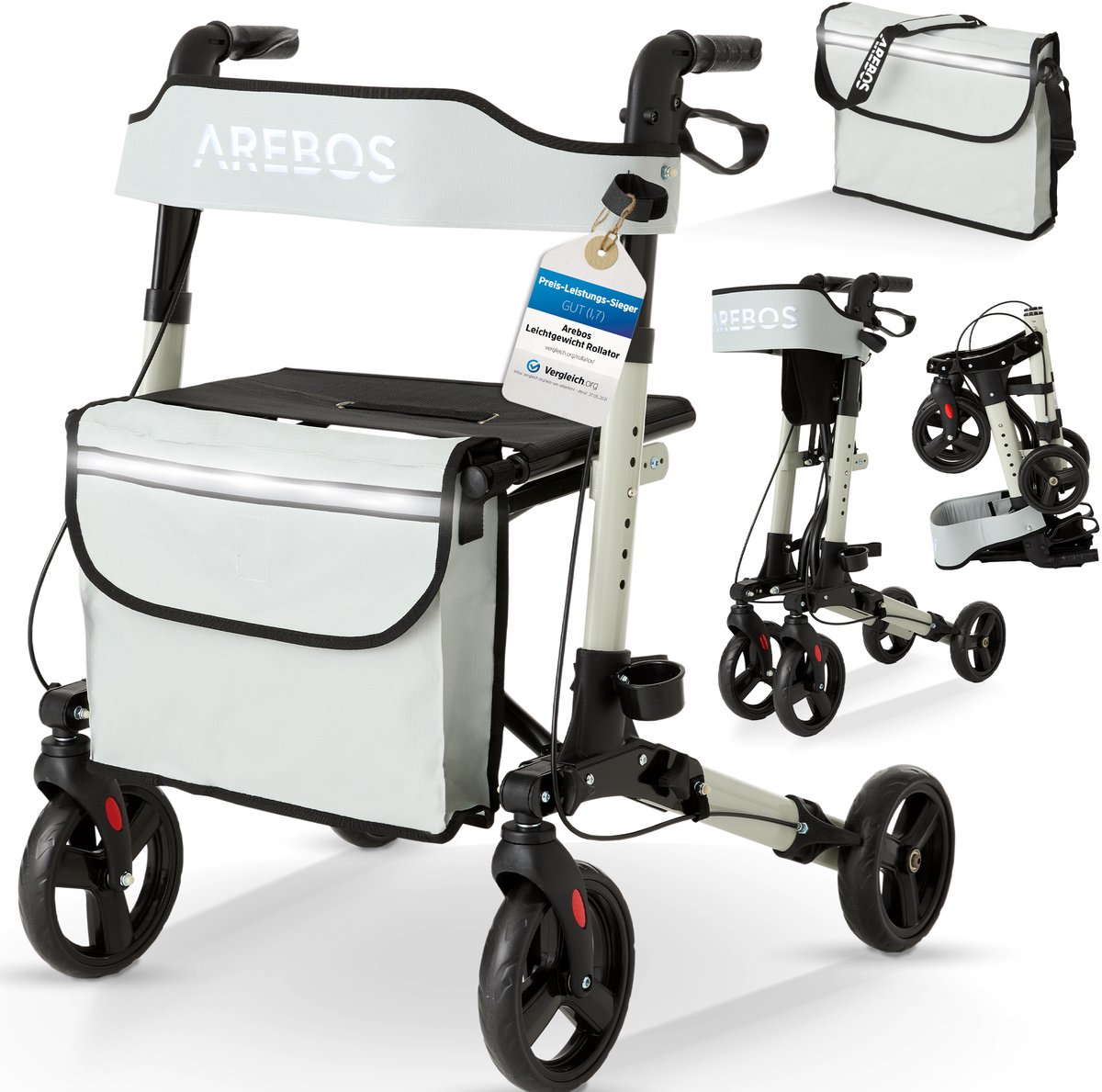 Goedkoopste Arebos Aluminium Rollator | Lichtgewichtrollator | Staphulp Loopwagen | Inklapbaar Medical opvouwbare lichtgewicht rollator carbon| belasting tot 136 kg | Grijs