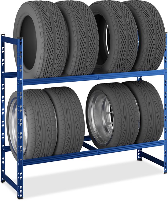 Relaxdays Bandenrek Voor 8 Banden – 100x110x35 Cm, 150kg Per Etage, Gecoat Staal, Steeksysteem – Blauw | Opbergen Winter-/Zomerbanden