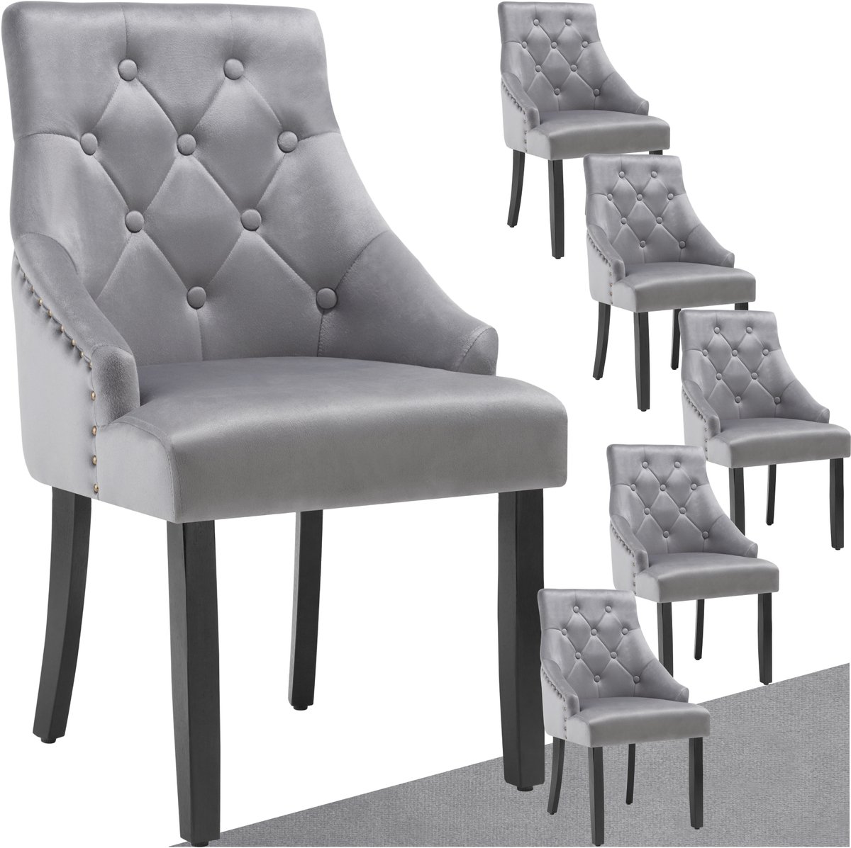 tectake® - Set van 6 eetkamerstoelen Everdeen - Fluweellook, gestikt - Met armleuningen - Massieve houten poten - Stoel voor de woonkamer, eetkamer, keuken - Grote rugleuning - Lichtgrijs / zwart