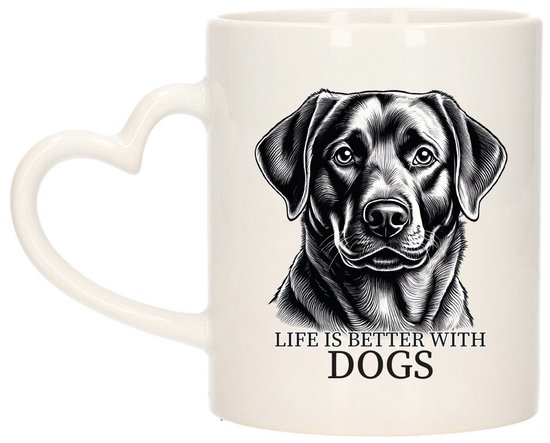 Mug cadeau Bellatio Decorations pour amoureux des chiens - Labrador Retriver - blanc avec oreille en cœur - céramique - 300 ml