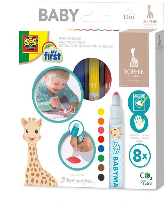 SES Creative - Sophie la Girafe - Babymarkers - Stiften – Ronde, stevige punt- veilige dop - Makkelijk uitwasbaar - Stiften vanaf 1 jaar