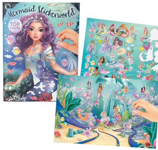 Een TOPModel zeemeermin met paars krullend haar en een glinsterende zeemeerminnenstaart, naast een vel met vele zeemeermin-stickers.