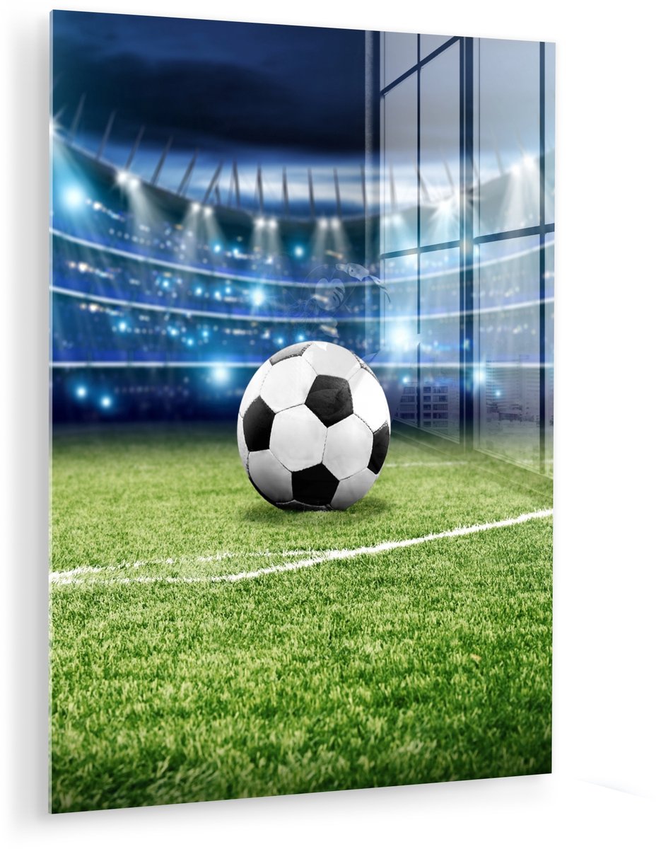 MuchoWow® Glasschilderij 30x40 cm - Schilderij acrylglas - Voetbal - Stadion - Bal - Jongens - Foto op glas - Muurdecoratie woonkamer - Wanddecoratie slaapkamer - Schilderijen