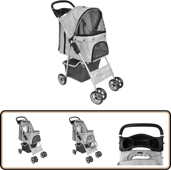 Wandelwagen voor huisdieren, marineblauwe drager, opvouwbare trolley, reiswagen, 15 kg, capaciteit 4 wielen, remmen voor katten en honden, veiligheidshaak leiband, kussen, luifel, gaas, ramen, mand