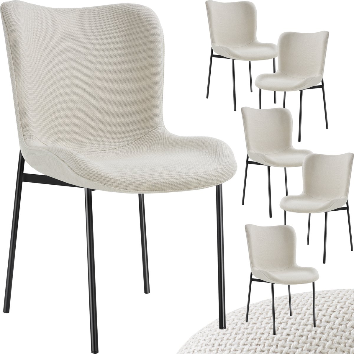 Tectake Gestoffeerde stoel - Eetkamerstoel - Geweven stof - Ergonomische vorm - Hoge rugleuning - Draagkracht 120 kg - Diverse kleuren - Set van 6 - Beige/zwart beige zwart