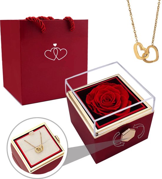 Femur Eeuwige Roos - Valentijn Roos - Valentijn Cadeau - Hartjes Ketting - Sieradendoos Met Gouden Ketting - Liefdesketting - Moederdag - Valentijnsdag