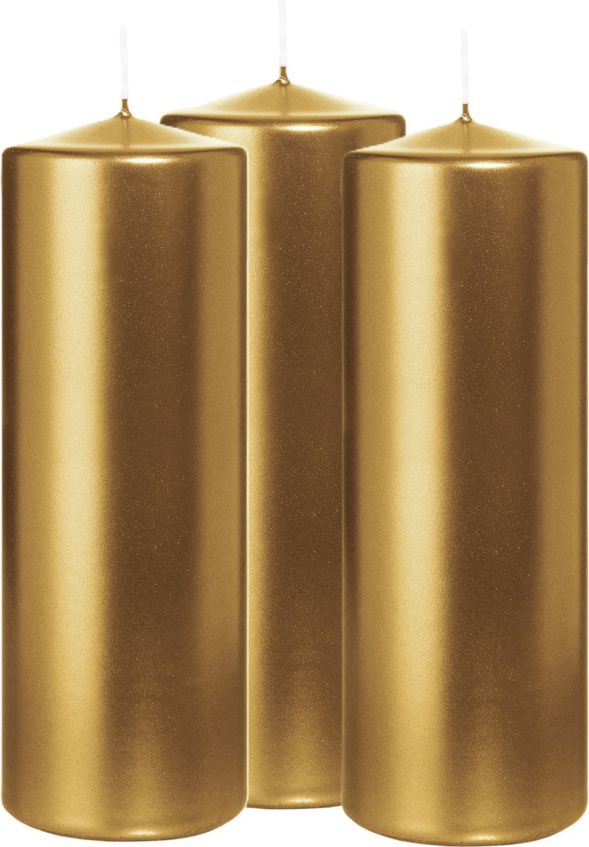 Wiedemann Cilinderkaars/stompkaars - 3x - metallic goud - 20 x 7 cm - 103 branduren - zuilkaarsen Goudkleurig