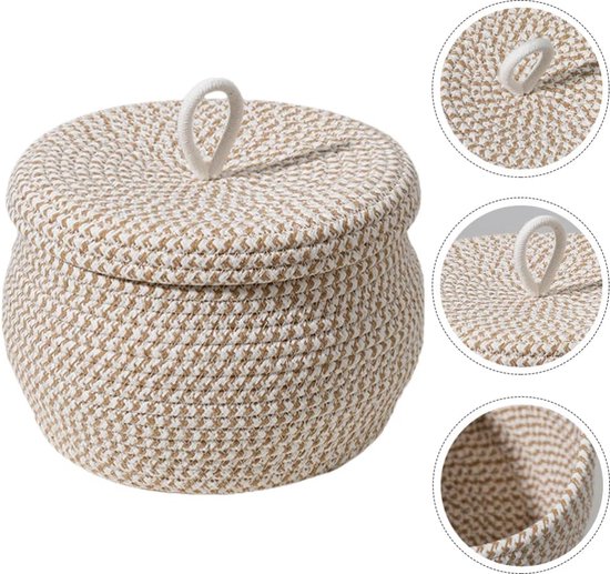 OSDFFI Ronde opbergmand van katoenen touw met deksel, 8,1 x 5,3 inch kleine geweven mand met deksel, decoratieve geweven opbergbak voor thuis, keukenopslag, bruin