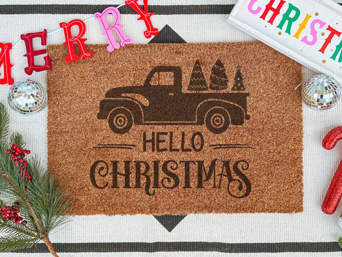 Laser-Point Hello Christmas | 60x40 cm | Nieuwe huis cadeau | Ingangsmat | Deurmat met stijl | Verhuizing cadeau | Praktisch & trendy | Perfect voor binnenkomst | Cadeau voor nieuwe woning Bruin | Zwart (Gravering 60x40)