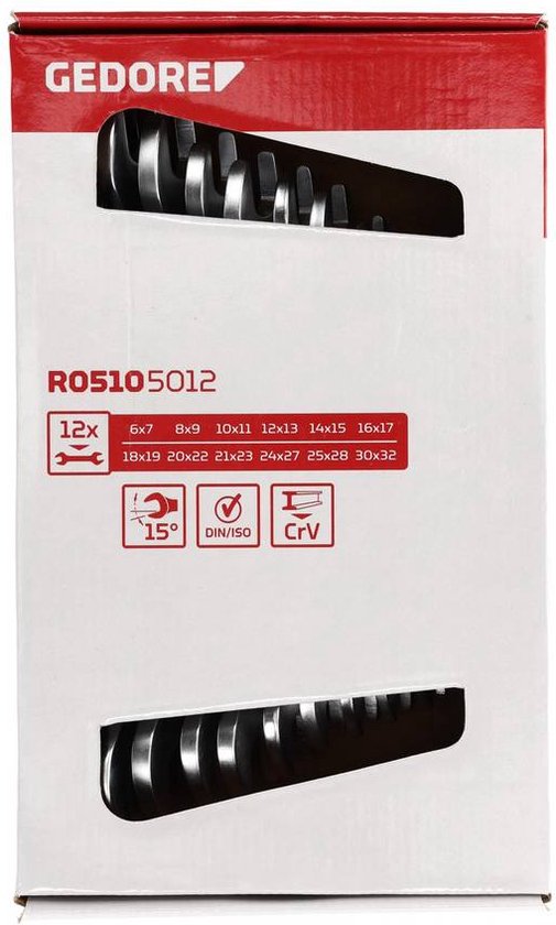 Doos voor steeksleutelset met "Gedore" logo in rood en specificaties.