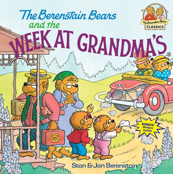 De Berenstain Bears en de week bij oma. Illustratie met de Berenstain Bears familie die aankomt bij oma's huis in een auto.