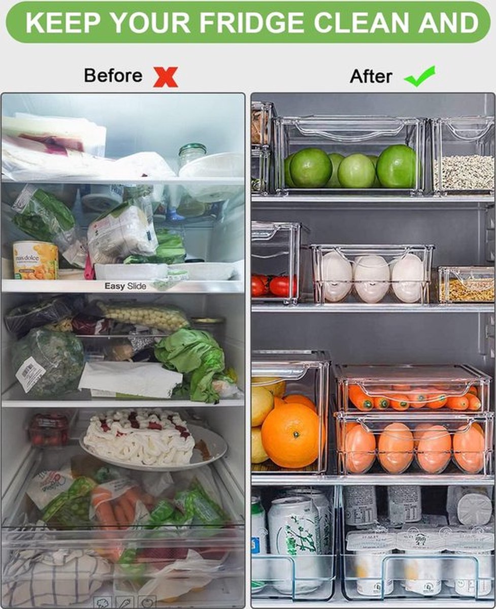 Koelkastorganizer, set van 10, doorzichtige, stapelbare opbergdoos, organizer, set kleine koelkastbox, voorraaddozen voor keuken, koelkast, kasten, rekken, badkamer