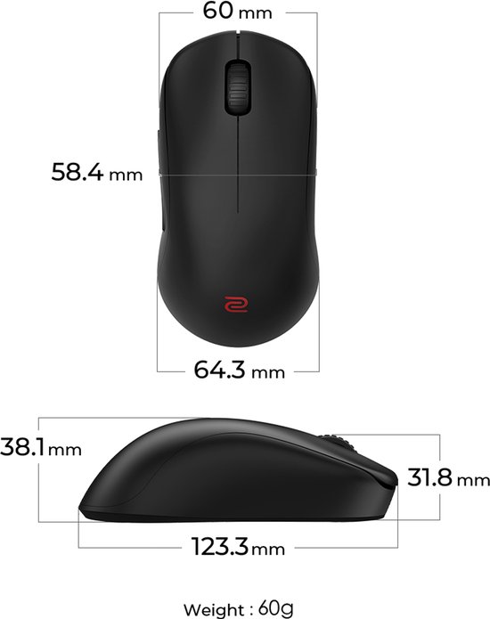 BenQ ZOWIE U2-DW 4K draadloze muis voor e-sports - Sports Science- Verbeterde 4K-receiver - 60 g - Symmetrisch - Geen driver nodig - 3950 sensor - 4K pollingrate