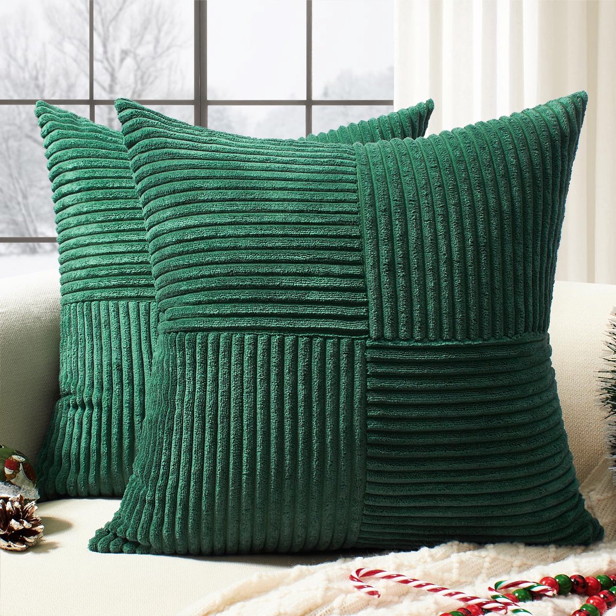 My Ninki ® Set van 2 Kerst Kussenslopen in Corduroy, Groen, 40x40 cm, Sfeervolle Decoratie voor Woonkamers en Slaapkamers donkergroen