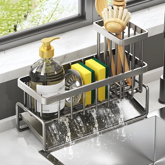Auauraintt Spoelbakorganizer, keukensponshouder, met zelfledigende afvoer, met afneembare handdoekhouder en opbergdoos, afwasborstel, voor het opbergen in keuken en badkamer